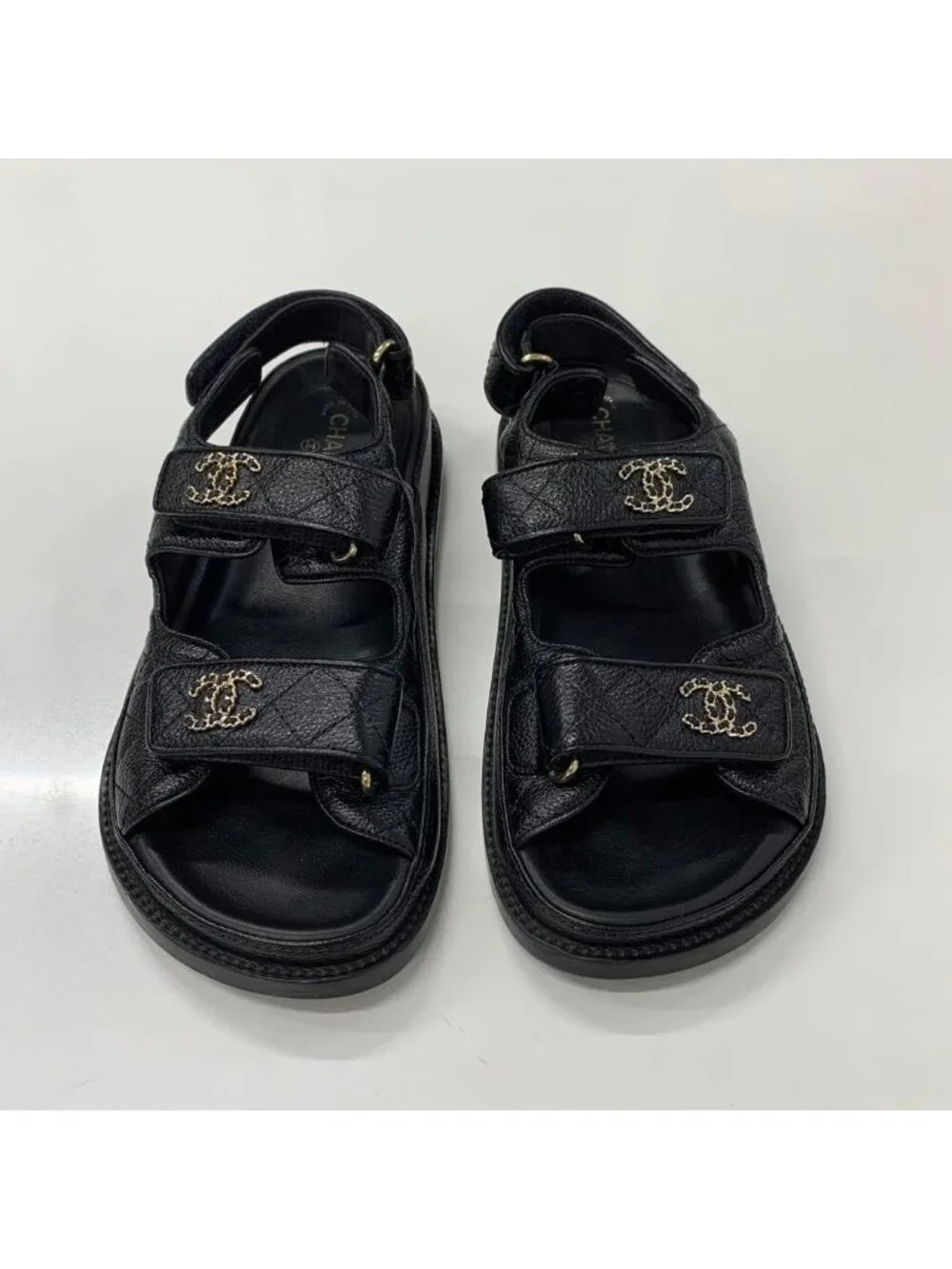 Chanel CC Logo Quilted Leather Chain Velcro Sandals Black